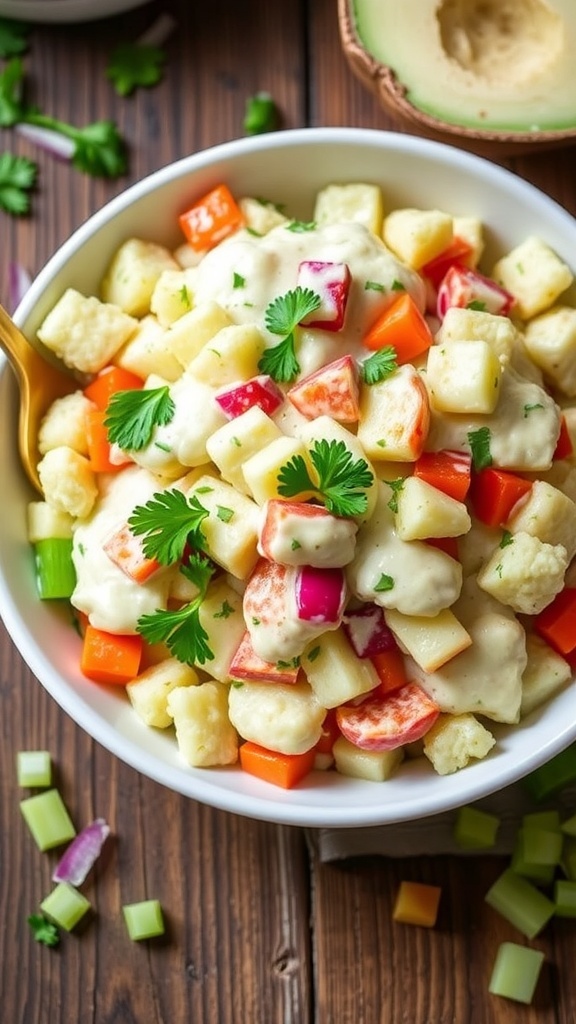 A bowl of keto cauliflower potato salad with creamy dressing, garnished with parsley, on a rustic table.